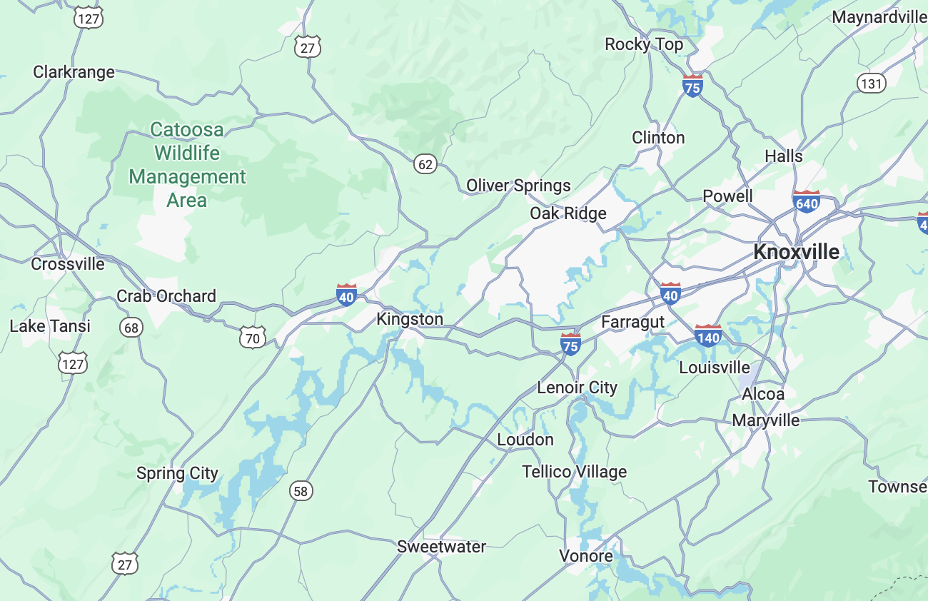 Map showing Knoxville, Tennessee, and surrounding areas including Oak Ridge, Kingston, and the Catoosa Wildlife Management Area—perfect for finding a local deck builder. Major highways I-40 and I-75 are visible.