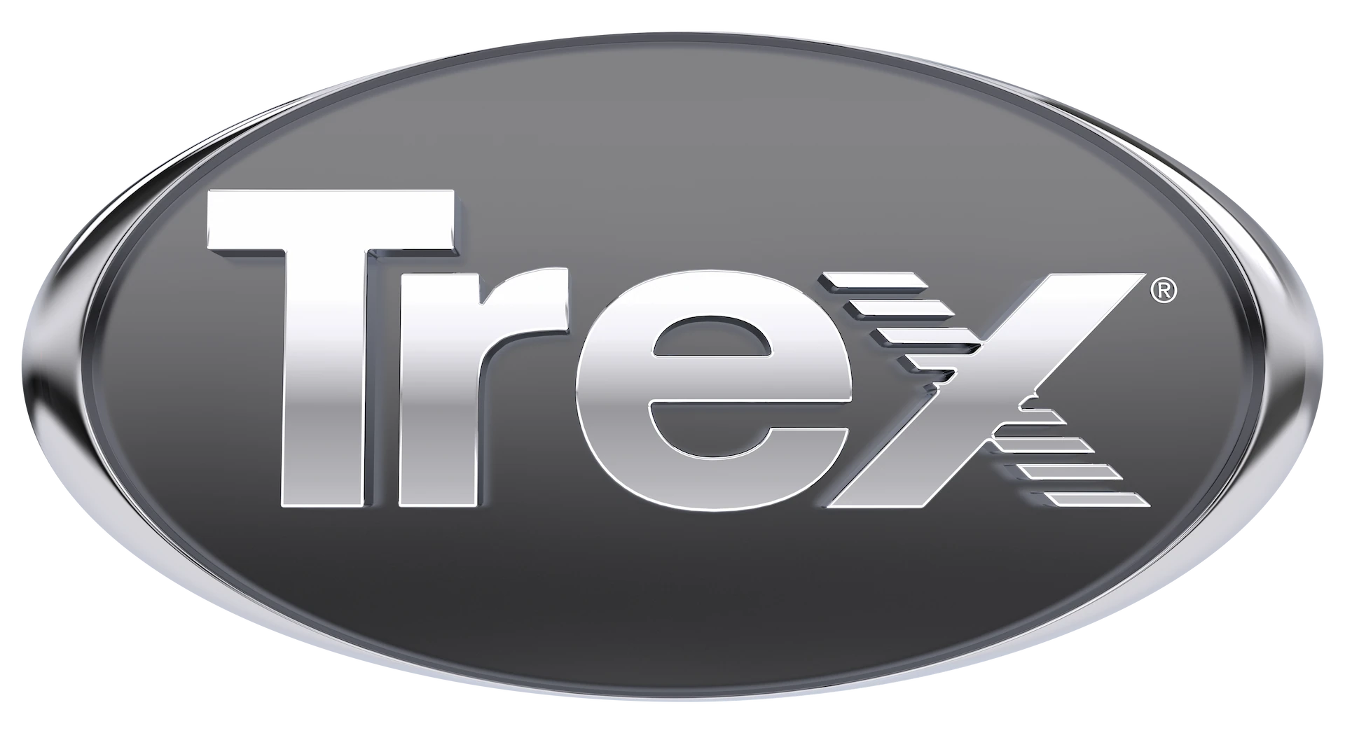 A metallic, oval-shaped logo with the word "Trex" in bold, silver letters on a dark background—perfect for any deck builder seeking a modern, professional image.